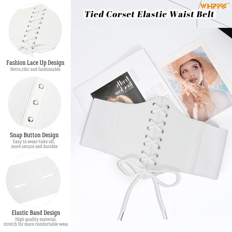 Women Lace-Up Corset Waist Belt - White, Adjustable Leather & Elastic Wide Belt for Dresses