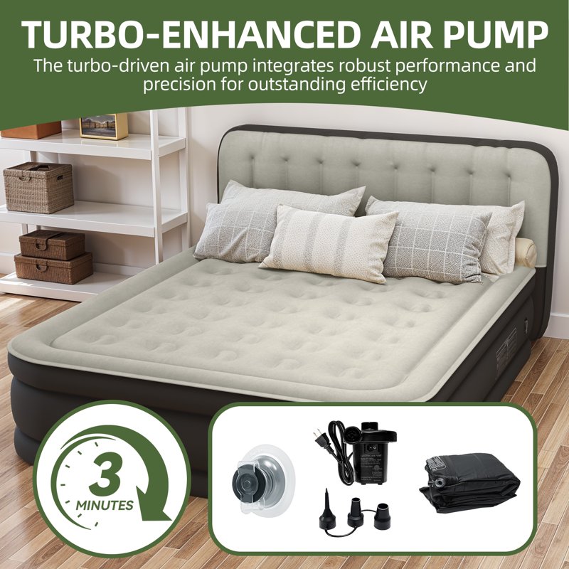 Queen Air Mattress with Pump & Built-In Headboard - Black Inflatable Bed for Home & Guest Use