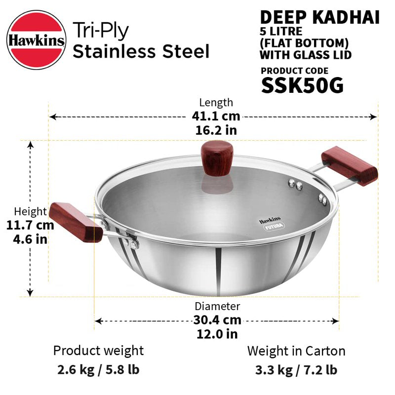 5L Tri-Ply Stainless Steel Deep Fry Pan with Glass Lid