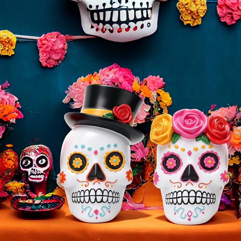 Resin Day of the Dead Skull Couple Figurines Halloween Decor Black White