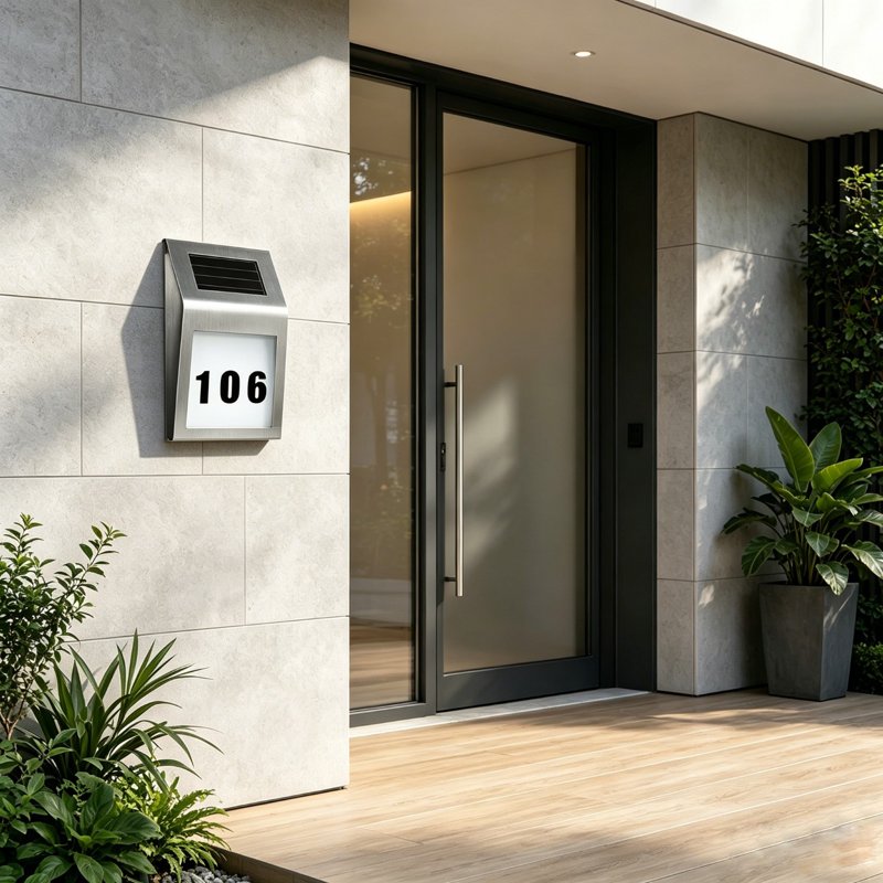 Solar House Number Light with Address Sign - Waterproof Wall Mount, LED Illuminated, Variation H