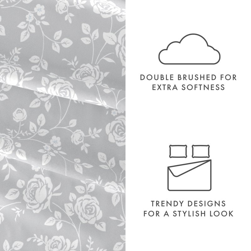 Queen Microfiber Bed Sheets Set with Floral Pattern - Light Gray Rose
