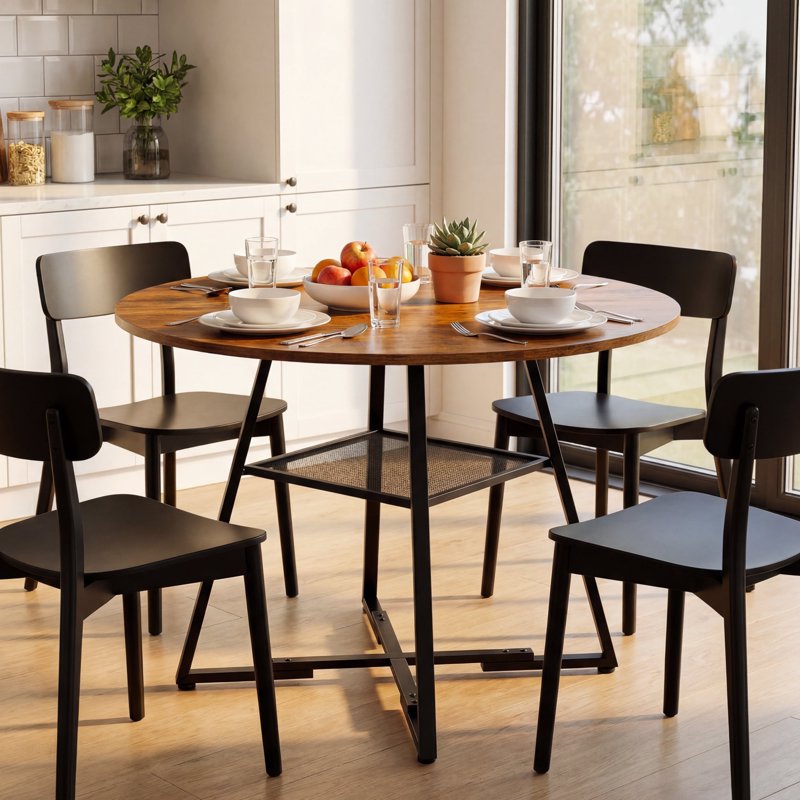 42" Round Dining Table for 4-6 - Farmhouse Style with Storage Shelf - Rust