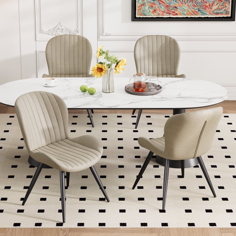 Upholstered Dining Chairs Set of 2 - Beige with Metal Legs