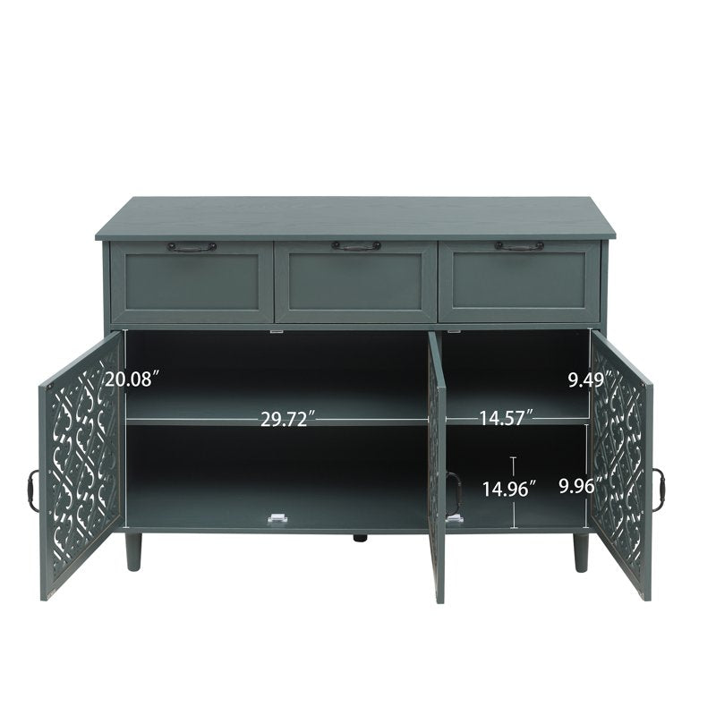 Retro Hollow-Carved 3 Door 3 Drawer Sideboard Cabinet - Dark Green