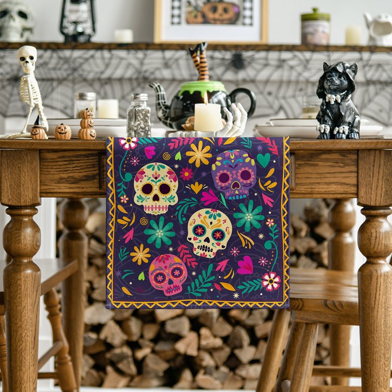 Watercolor Marigolds Skull Day of The Dead Table Runner 13 x 120 Inch - Unique Home Decor