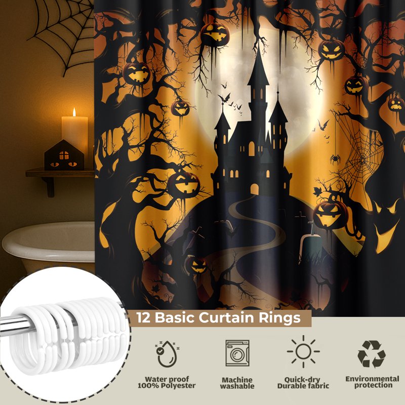 Spooky Castle Halloween Shower Curtain Waterproof Bathroom Decor 72x72 with 12 Hooks - Orange Black