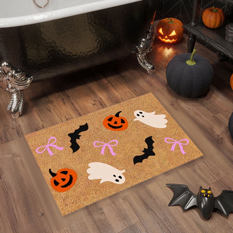 Gothic Halloween Bathroom Rug - Ghost Pumpkin Bat Pattern, Multicolor, 23.6x15.7 in