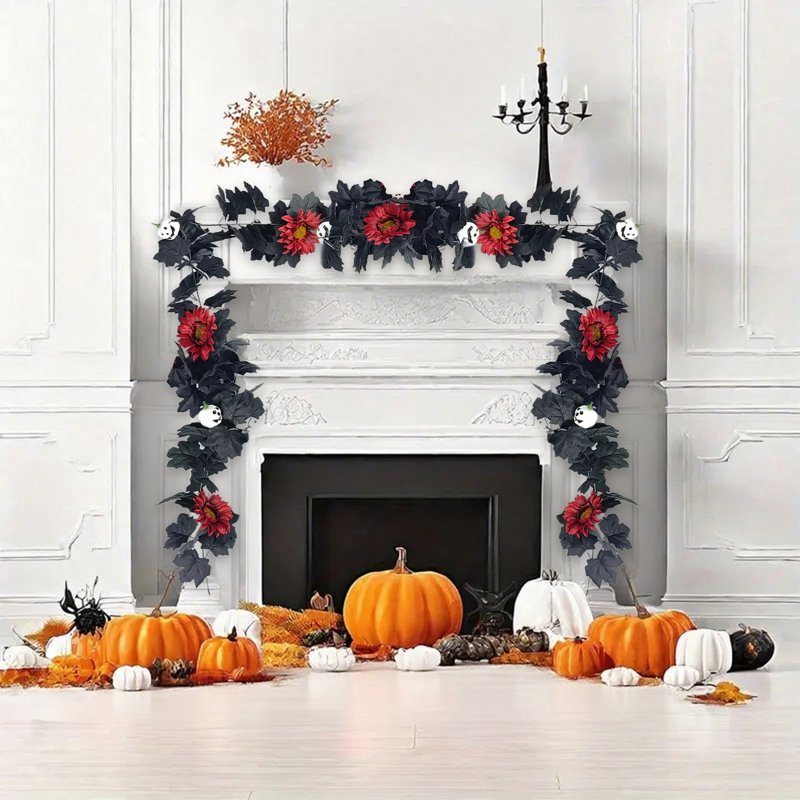 Halloween Garland Decor with Black Wreath - 68.9in Seasonal Wall Decor - Variation B