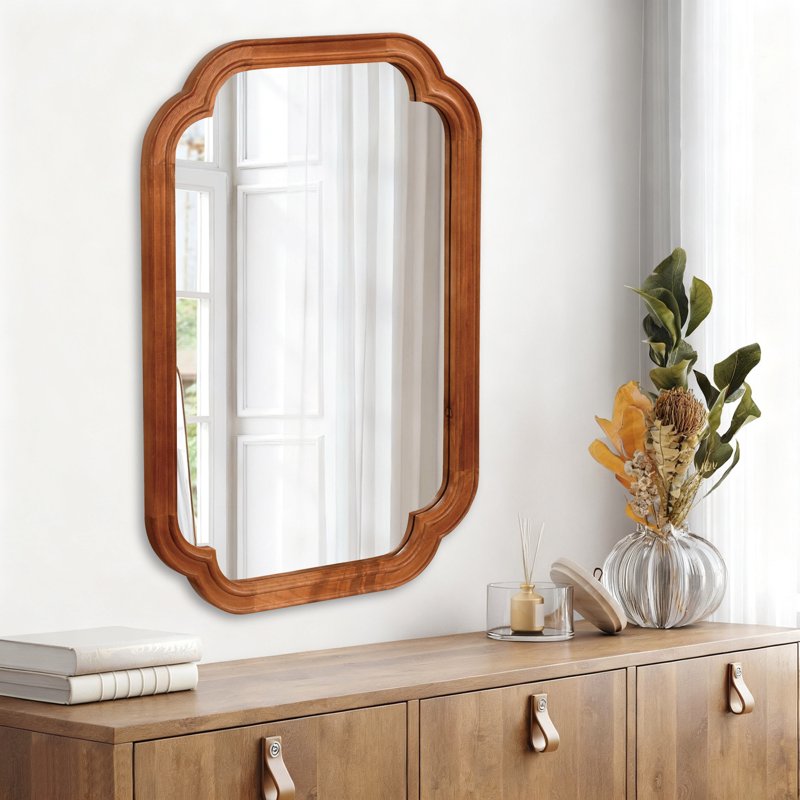 24x36 Inch Round Corner Wooden Mirror - Elegant Solid Wood Frame for Bedroom Bathroom Entryway Brown - Variation of Brown