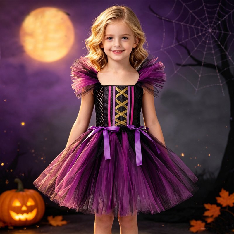 Girls Witch Halloween Dress Tutu Cosplay Outfit for Kids - Purple, 4-5 Years