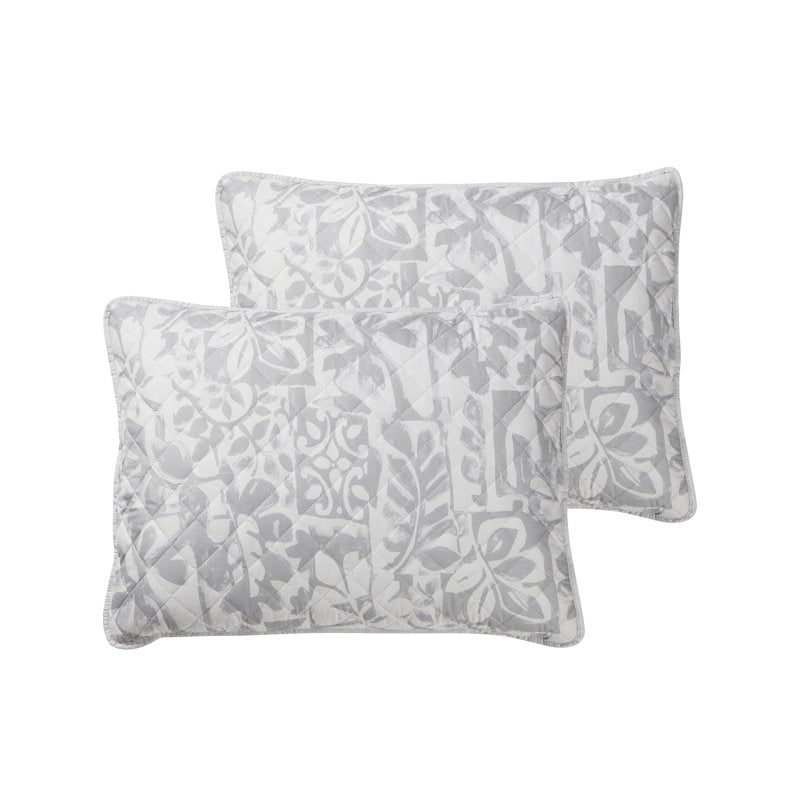 Twin Reversible Bohemian Quilt Set with Abstract Floral Pattern - Grey & White
