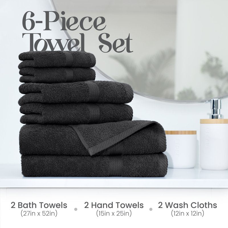 Utica 6-Piece Cotton Towel Set - Midnight Black, Soft & Absorbent