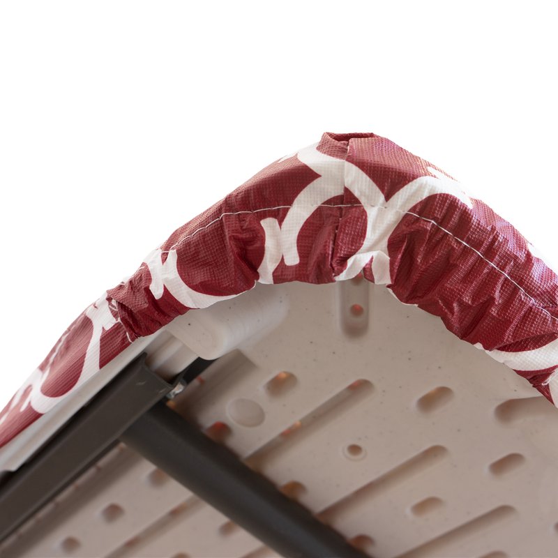 Elastic Fitted Vinyl Table Cover with Flannel Backing - Ogee Curl Cranberry, 8 PK