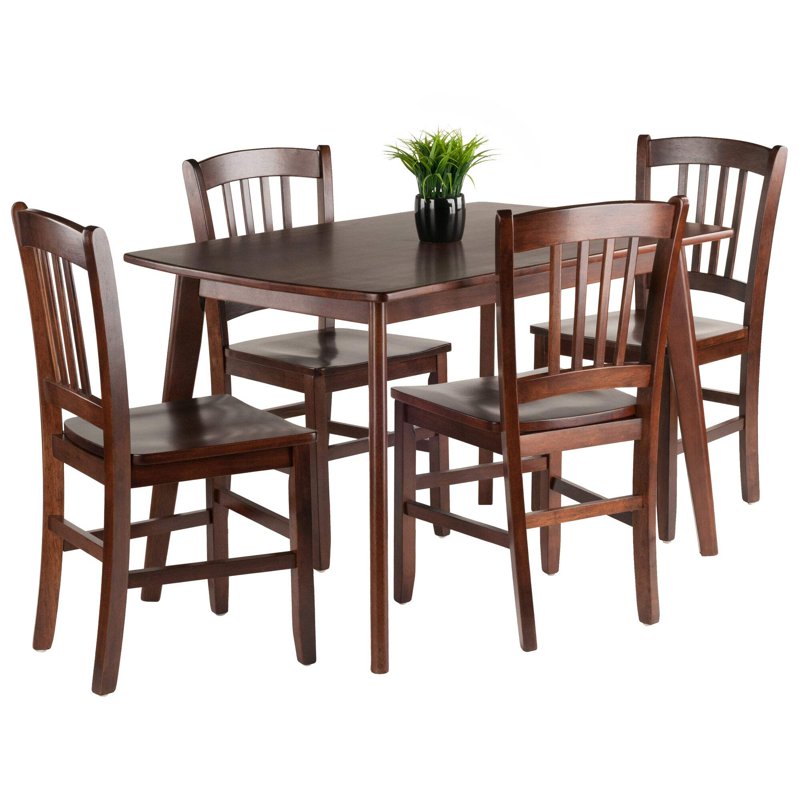 5-Piece Walnut Dining Table Set with Slat Back Chairs