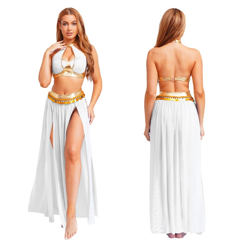 Women's Belly Dance Costume Set XL - Sequin Tassel Crop Top & Mesh Skirt White A