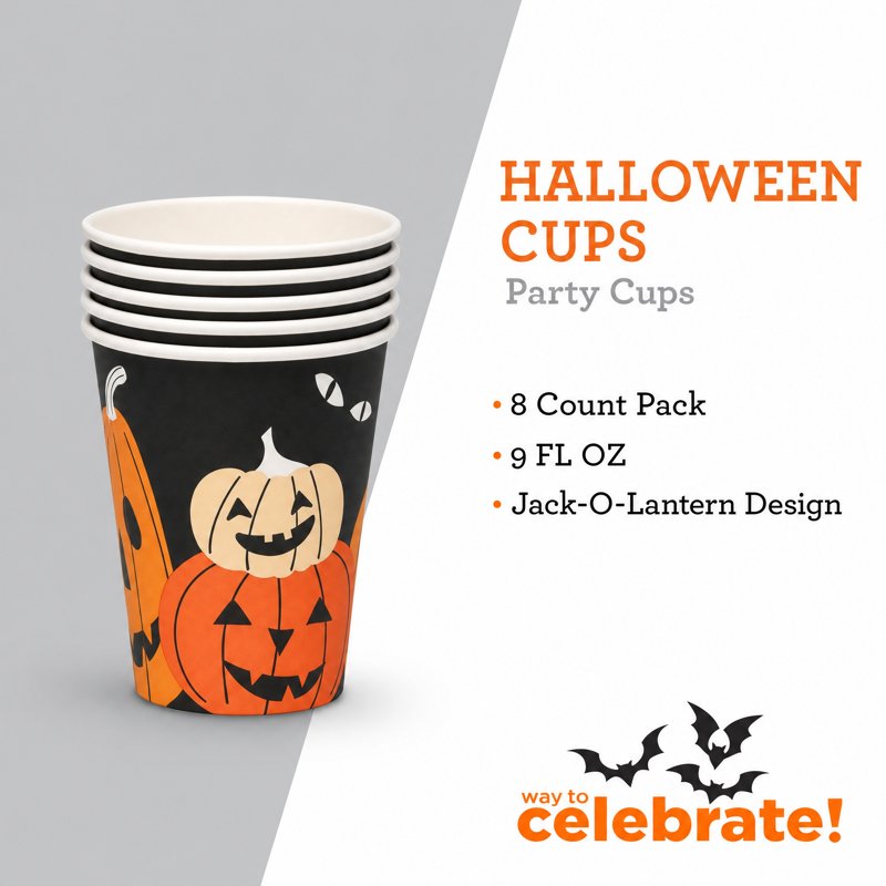 Halloween Jack-o'-Lantern Disposable Paper Cups 9 oz Multicolor 8 Pack