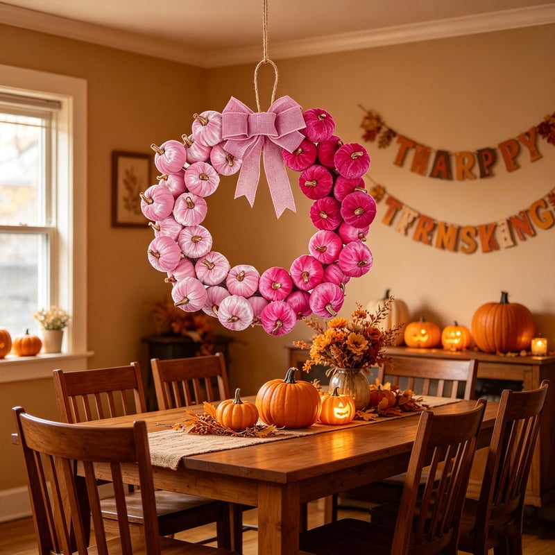 Pink Artificial Pumpkin Wreath with Linen Bow Fall Halloween Thanksgiving Door Decor - Deeceymbur Variation