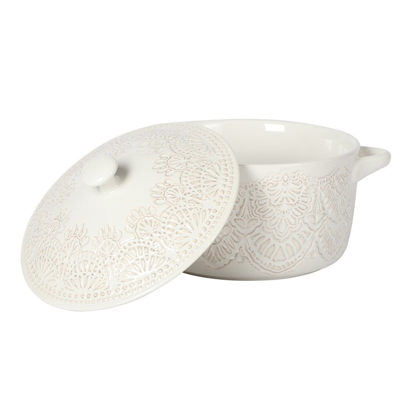 Vintage Lace Ceramic Casserole Dish with Lid - 1 Qt, Linen