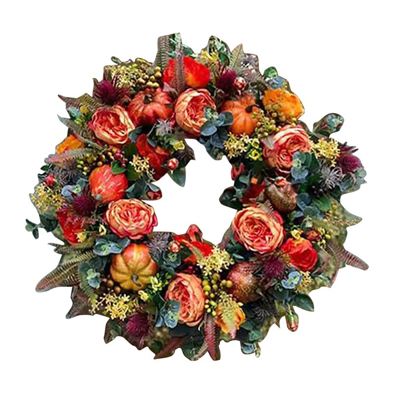 Autumn Pumpkin Wreath with Bows and Berries - Farmhouse Fall Decor - 18 Inch Front Door Wreath - Variation A