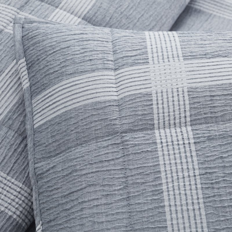 Full/Queen Dark Blue Windowpane Plaid Quilt Set - 3 Piece Bed Cover with Shams