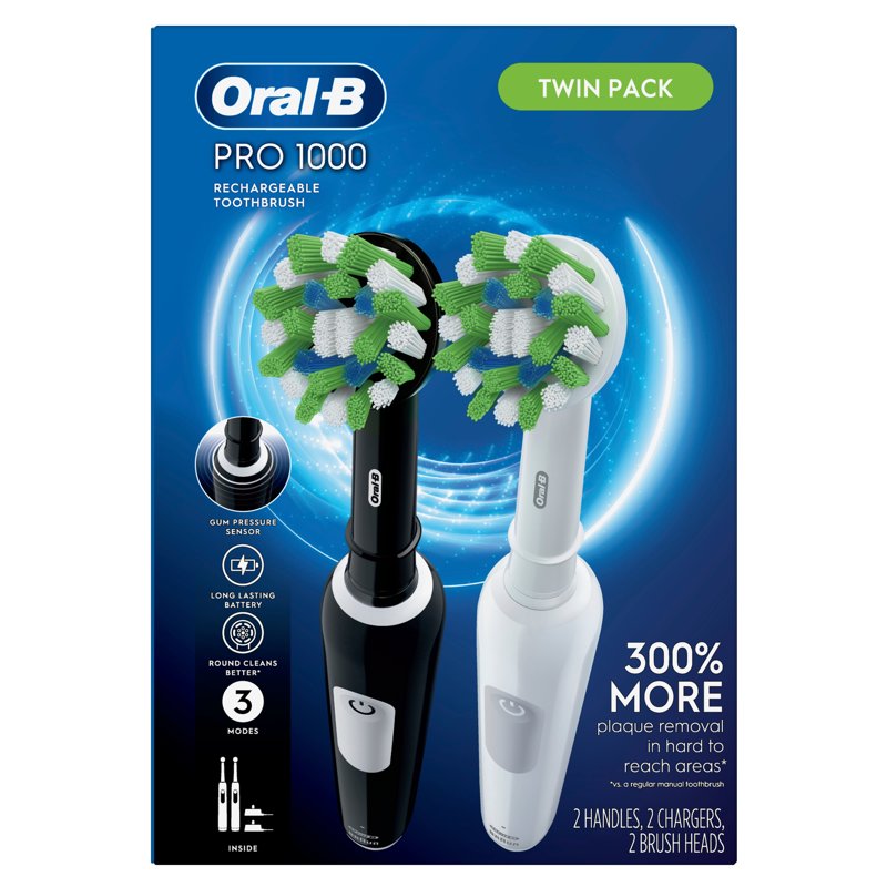 Rechargeable Electric Toothbrush Pro 1000, 2-Count Pack, Black and White
