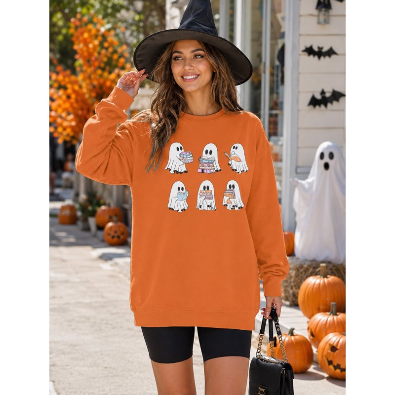 Orange Halloween Ghost Book Reading Graphic Sweater for Women - M
