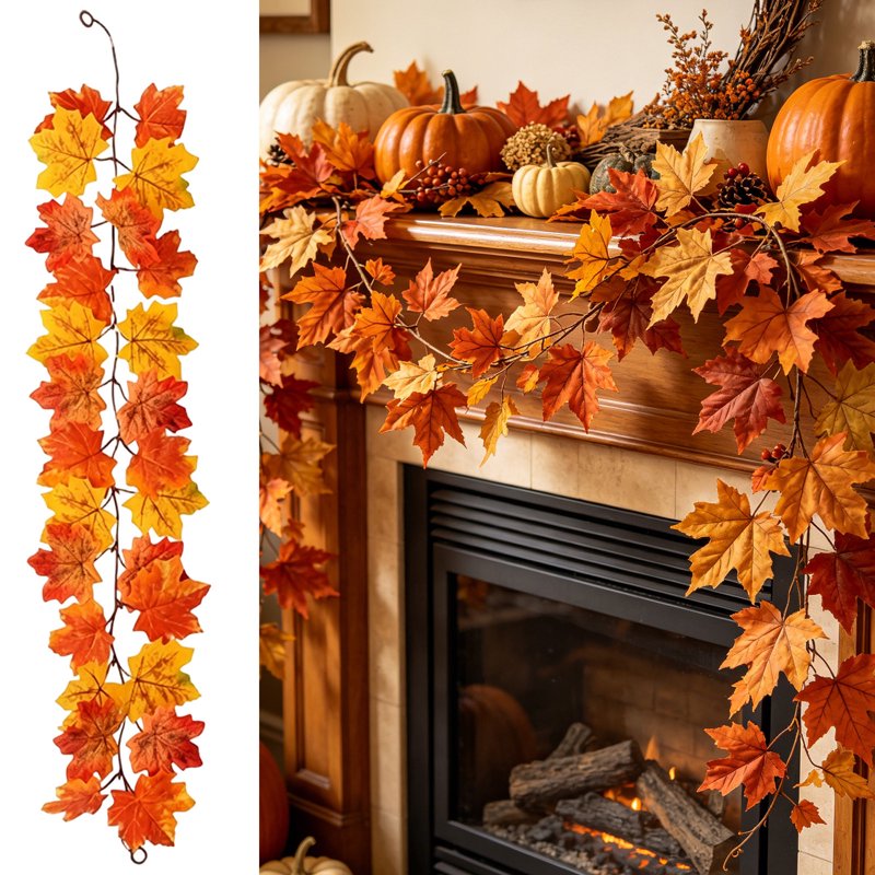 Autumn Maple Garland with Pumpkin Accents - 40in Fall Decor for Fireplace & Porch - Orange T