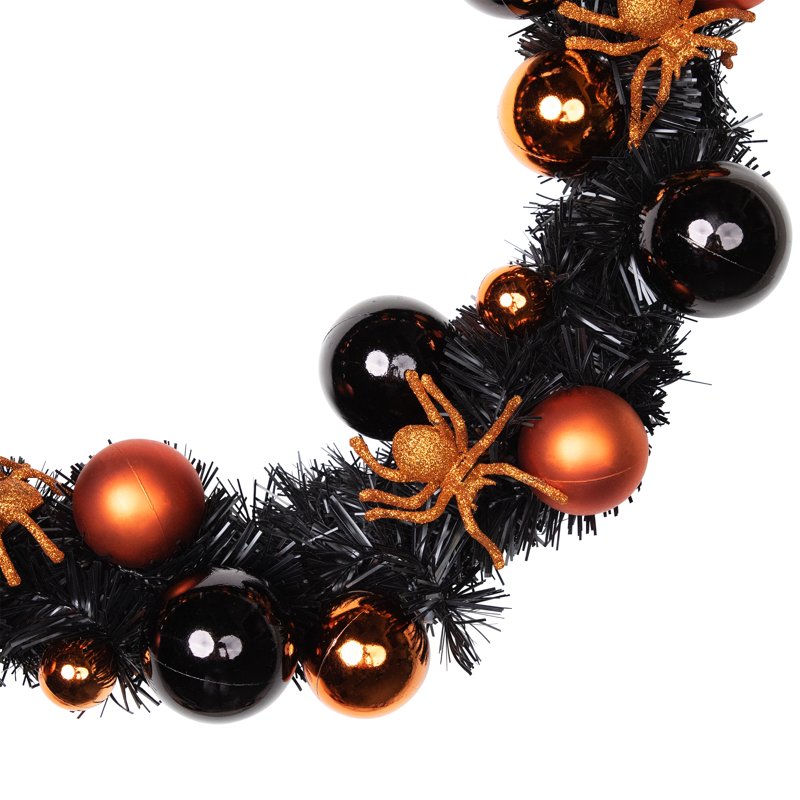 Halloween Wreath with Glittered Spiders and Ornaments - 18 Inch Indoor Outdoor Decor