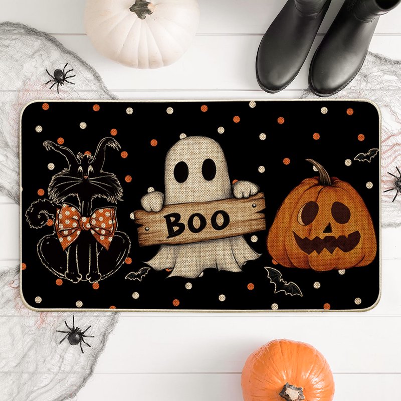 Halloween Welcome Doormat 17x29 Inch Polka Dot Black Cat Ghost Jack-O'-Lantern