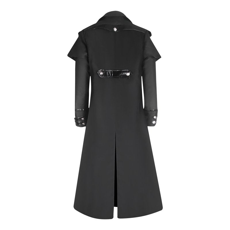 Mens Steampunk Trench Coat Long Gothic Vintage Leather Lapel 3XL - Black