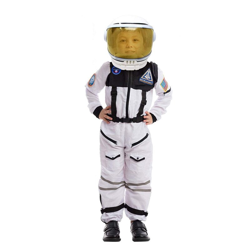 Kids Astronaut Costume with Helmet - White, Medium (8-10 Years) for Halloween & Play