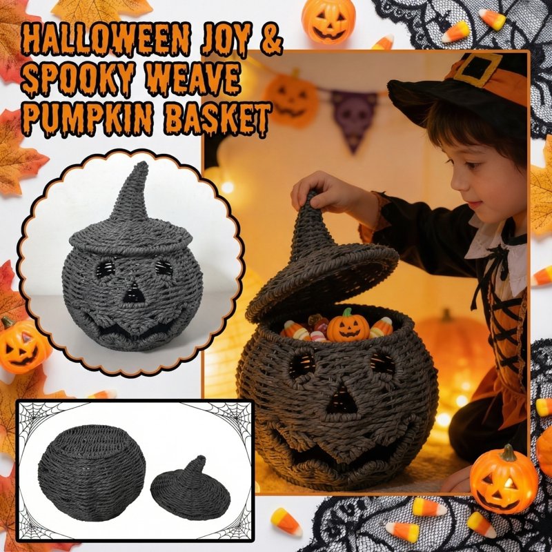 Halloween Woven Seagrass Pumpkin Storage Basket with Lid - 10.2 Inch, Black, Rustic Home Decor - Variation of This Listing