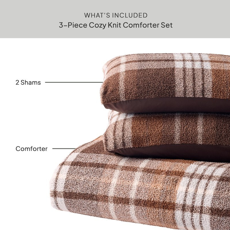 King Brown Plaid Cozy Knit Comforter Set - Plush Microfiber Bedding