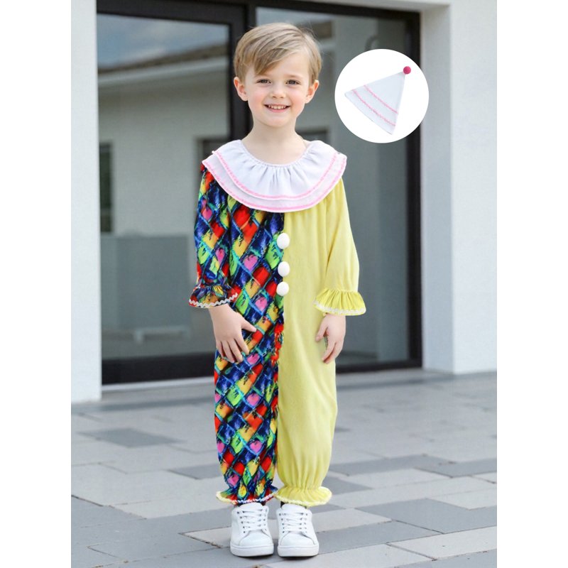 Kids Toddler Baby Clown Costume Jumpsuit & Hat Set - Yellow White, 6-12 Months