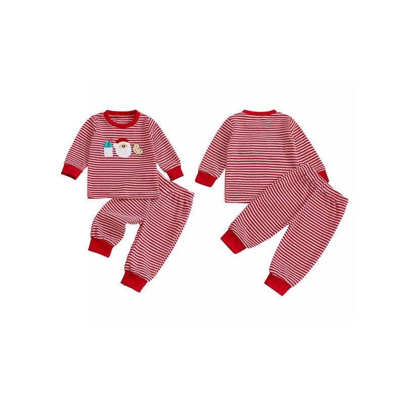 Toddler Boy Girl Christmas Outfit Set 2T Style 14 Santa Embroidery Striped Long Sleeve Pullover and Pants