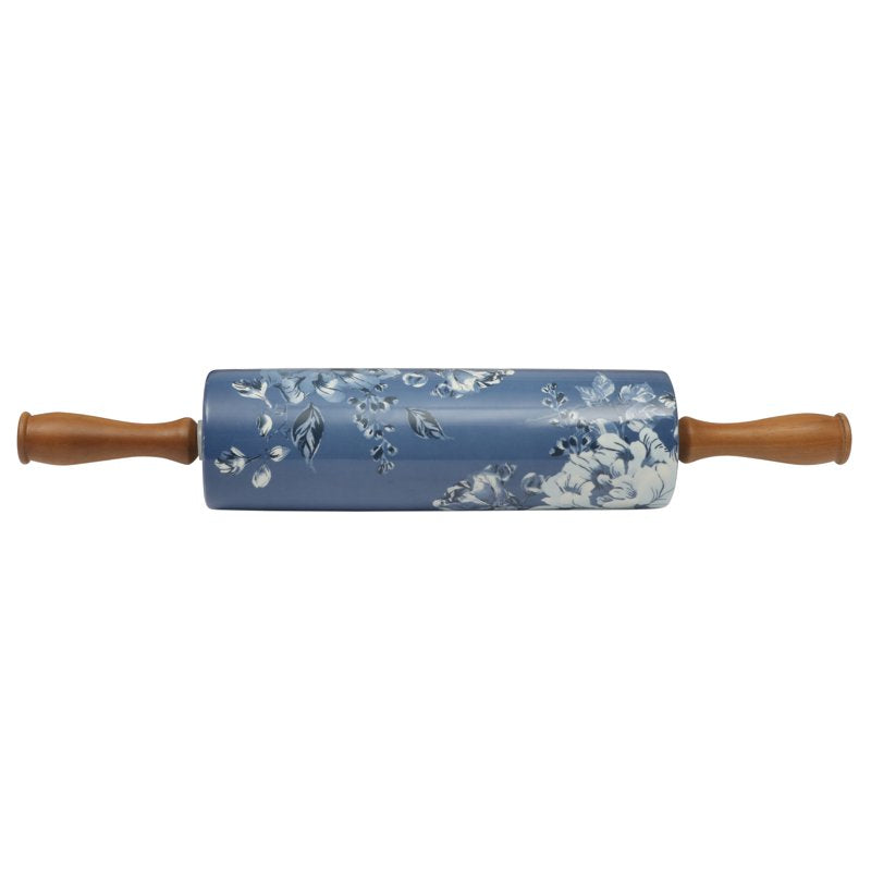 Ceramic Rolling Pin with Wood Handles - Blue Floral Design
