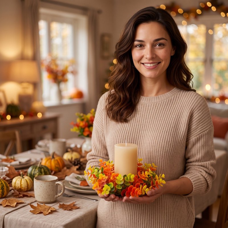 Fall Eucalyptus Candle Ring - Artificial Autumn Leaf Wreath with Colorful Round Leaves, Rustic Harvest Decor, 11.8 inches - Variation #3