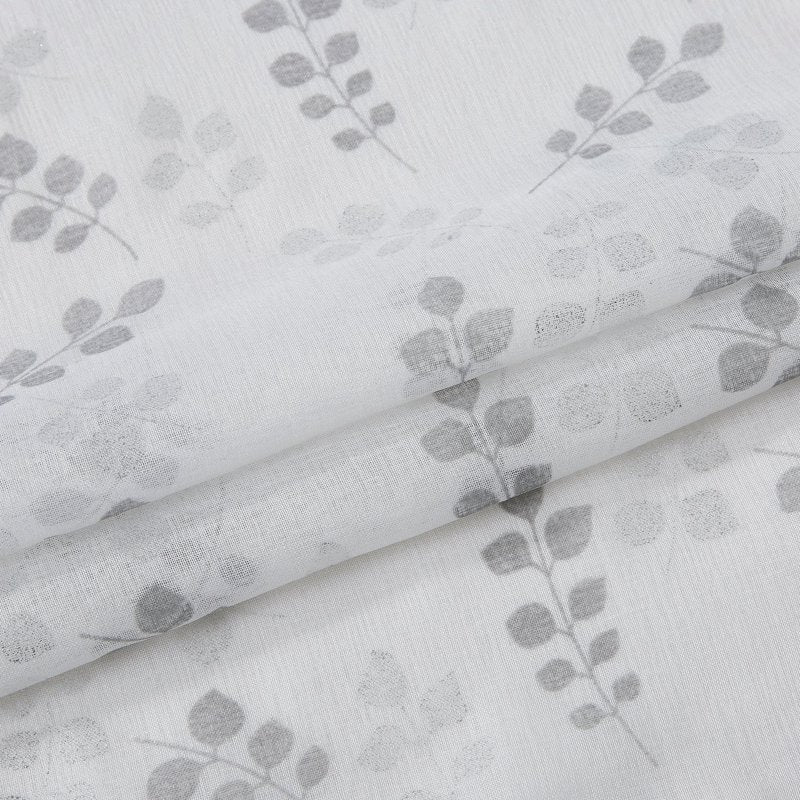 Floral Design White Silver Linen Textured Shower Curtain Set with 12 Hooks - Bathroom Decor