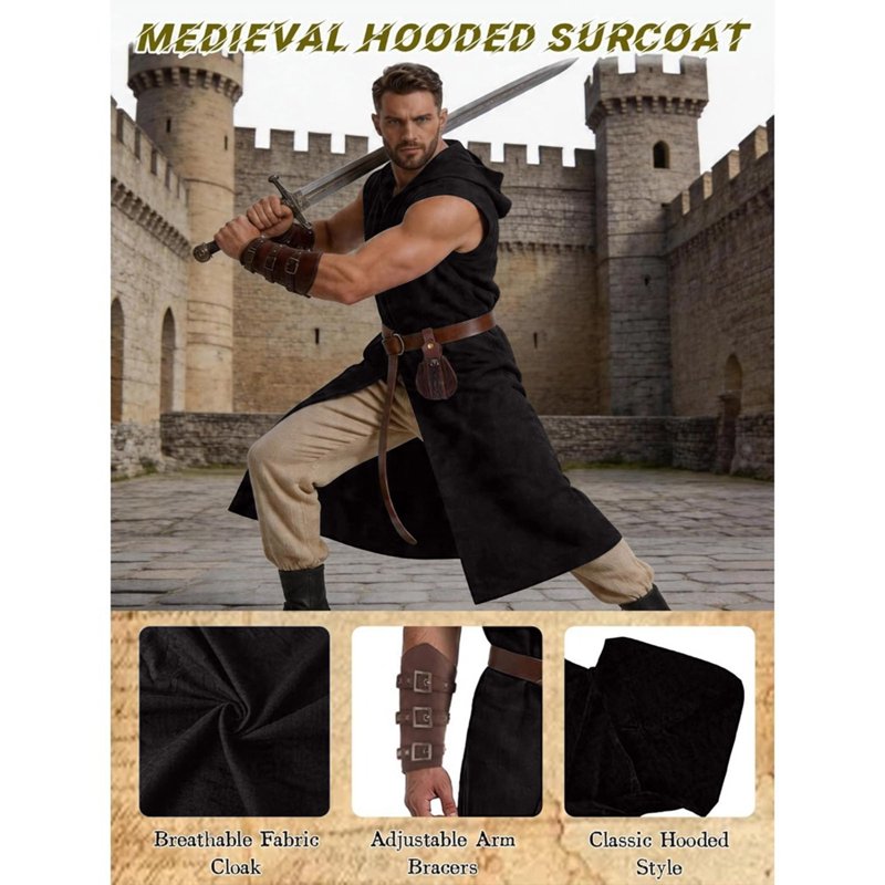 Men's Medieval Viking Costume Set Black 3XL - Hooded Cape Belt Bracers Halloween