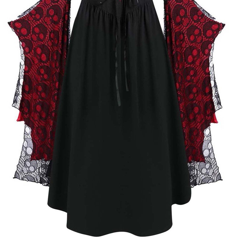 Halloween Gothic Dress for Women - Red Bandage V-Neck Vintage Long Sleeve AA-Red XXL