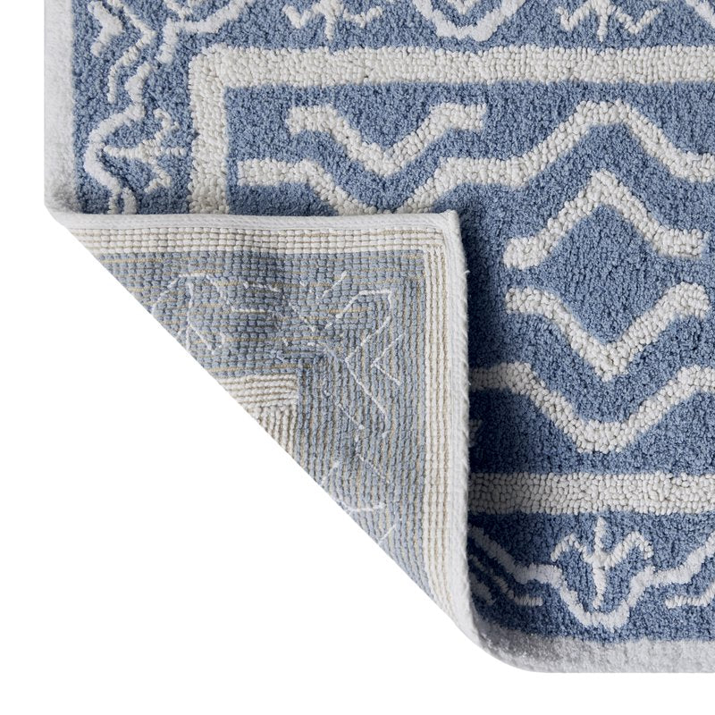 2' x 5' Bath Runner Rug - Blue Silver & White Oushak Style Cotton Mat