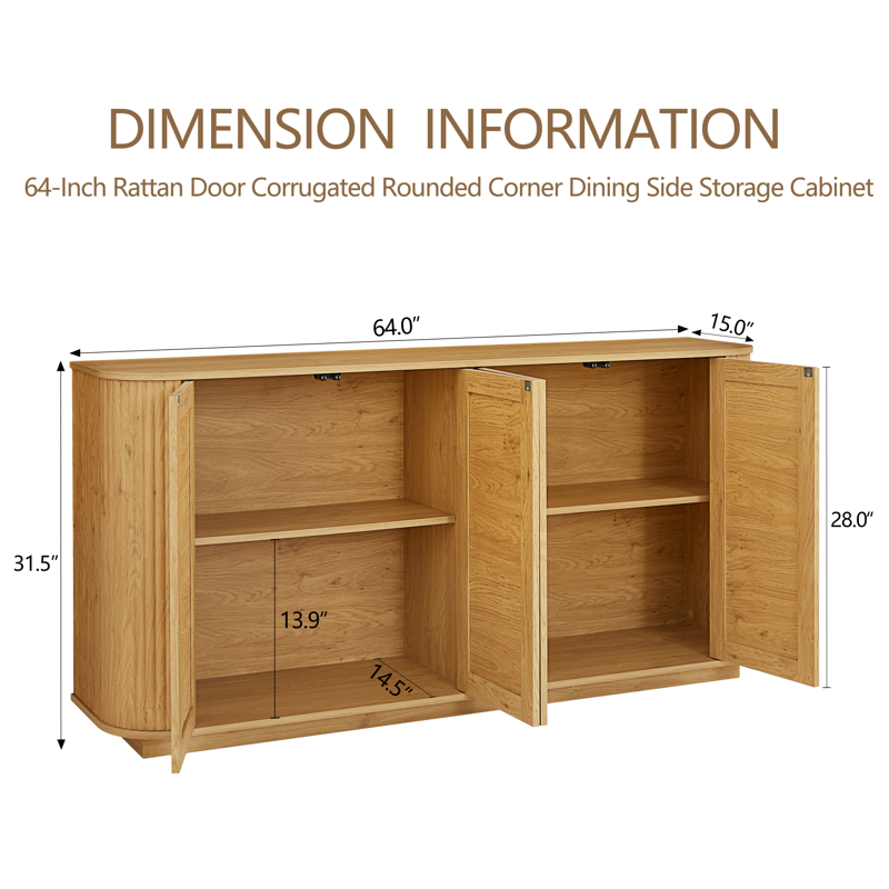 Media Console TV Stand for 64 Inch TV - Natural Oak with Rattan Doors