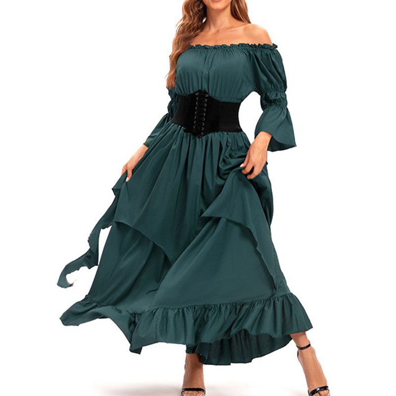 Army Green Renaissance Dress for Women L - Spring/Summer Solid Long Sleeve Round-Neck Casual Dress