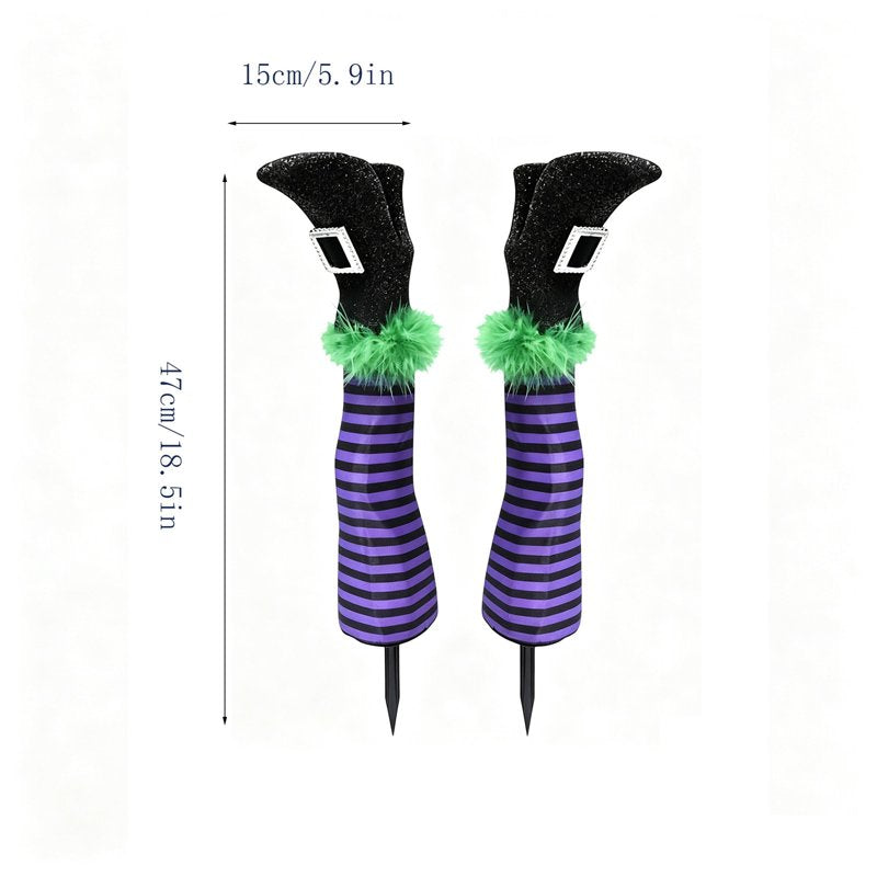 Halloween Witch Leg Yard Stakes with Purple Black Striped Stockings - Outdoor Garden Decor - Set of 2 - Glitter Finish (Variation: Purple)
