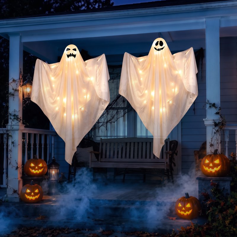 Halloween Ghost Decor Light Set - White, 48-Inch Hanging Ghosts with LED Lights, Outdoor Yard & Garden Decoration