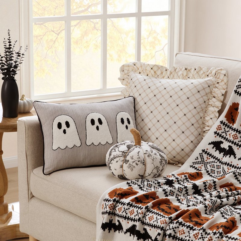Halloween Raven Toile Pumpkin Decorative Pillow - Ivory & Black, 6 x 10 inches