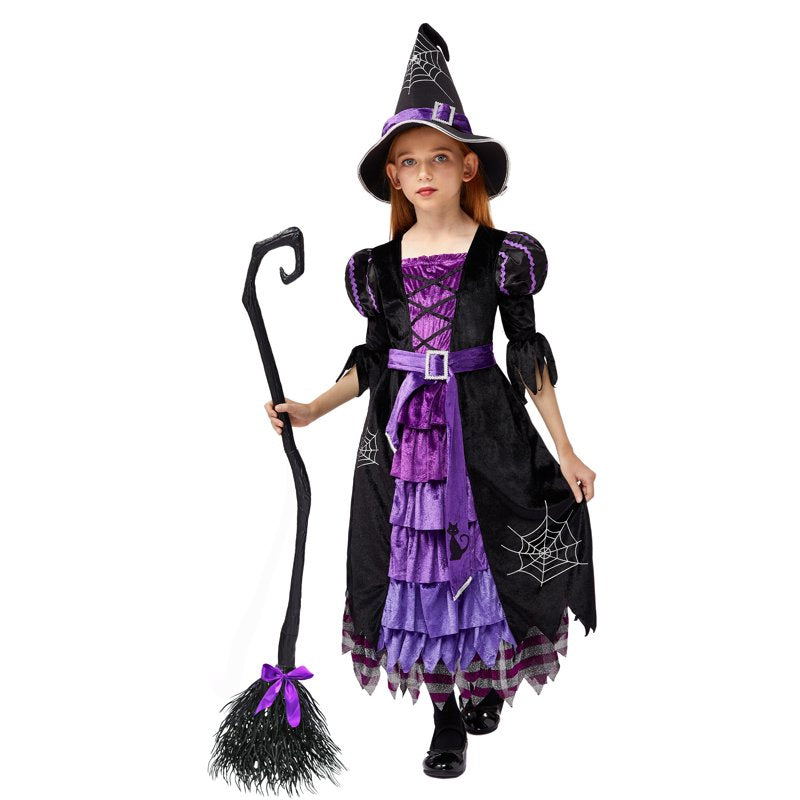 Toddler Girls Witch Costume Set XS (3-4 Years) Halloween Dress Up with Hat & Broom
