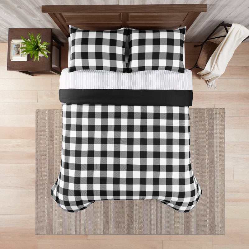 King Bedding Set - Serta Simply Clean Black Buffalo Check Plaid 7-Piece Bed in a Bag