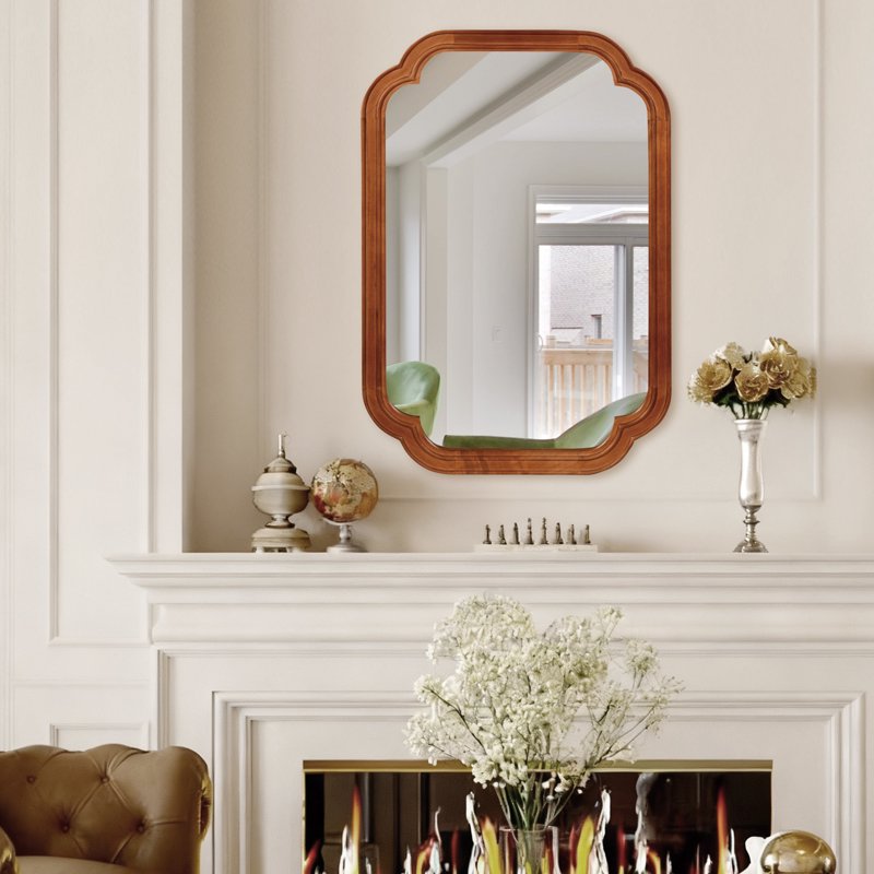 Wall Mirror 20x30 Inches Rounded Corner Solid Wood Frame Yellowish - Decorative Vanity